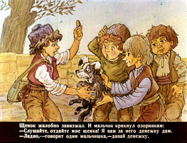Кадр 4 диафильма «Мальчик, щенок, котенок и лягушонок»