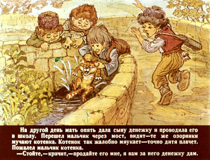 Кадр 6 диафильма «Мальчик, щенок, котенок и лягушонок»