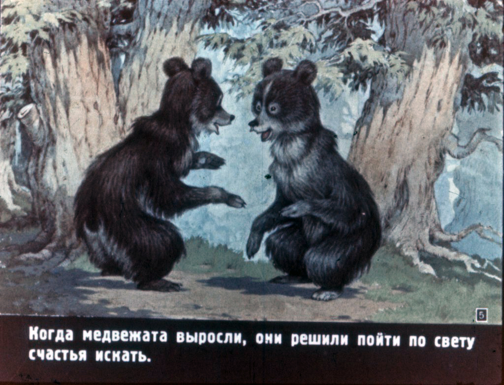 Кадр 5 диафильма «Два жадных медвежонка»