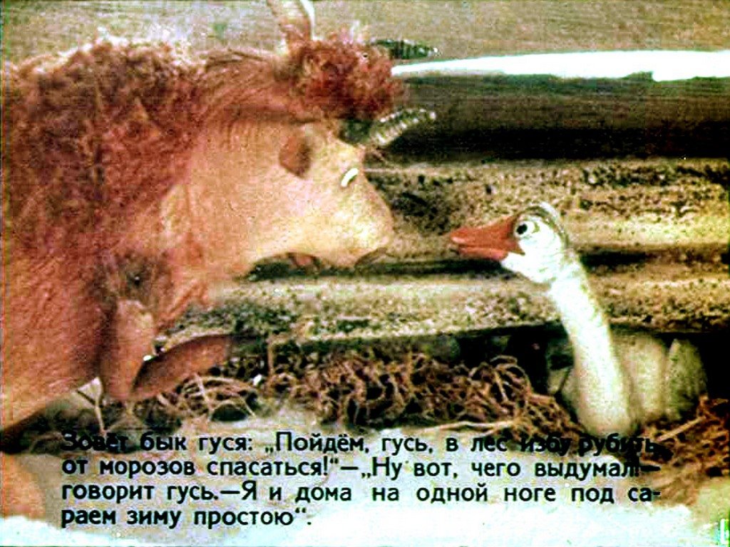 Кадр 6 диафильма «Как бык, баран, гусь да петух зиму зимовали»