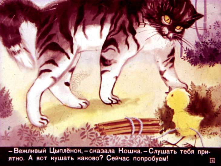 Кадр 6 диафильма «Цыпленок и кошка»