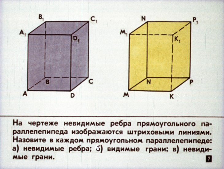 Кадр 7 диафильма «Прямоугольный параллелепипед, его поверхность и объем»