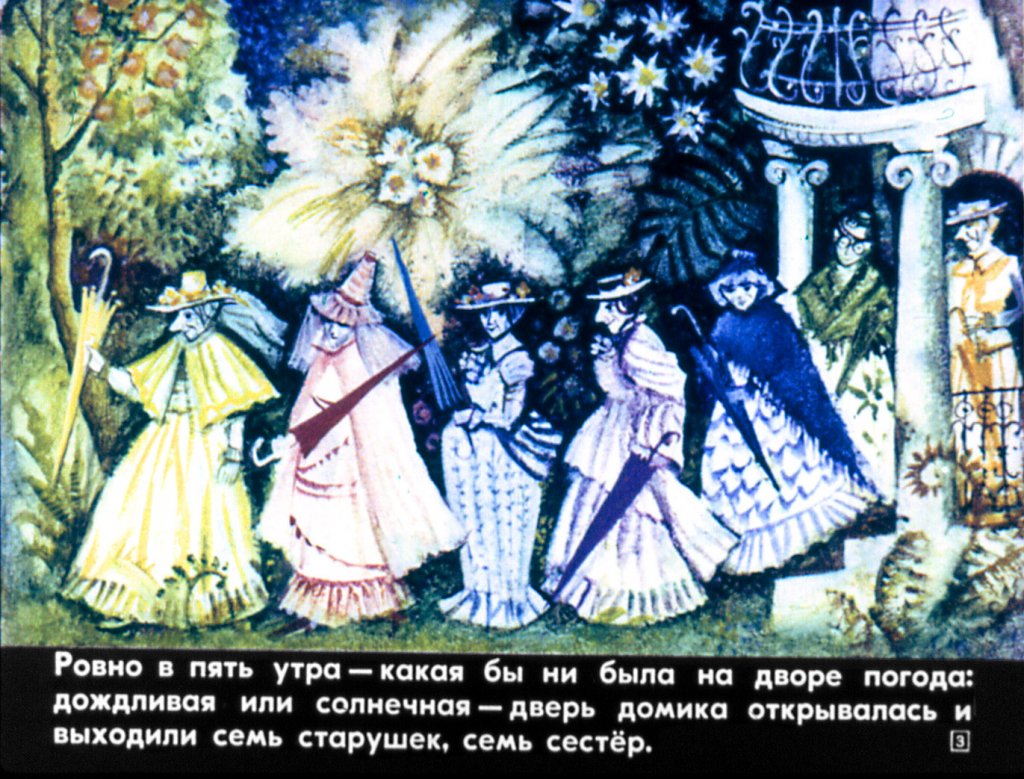 Кадр 3 диафильма «Старушки с зонтиками»