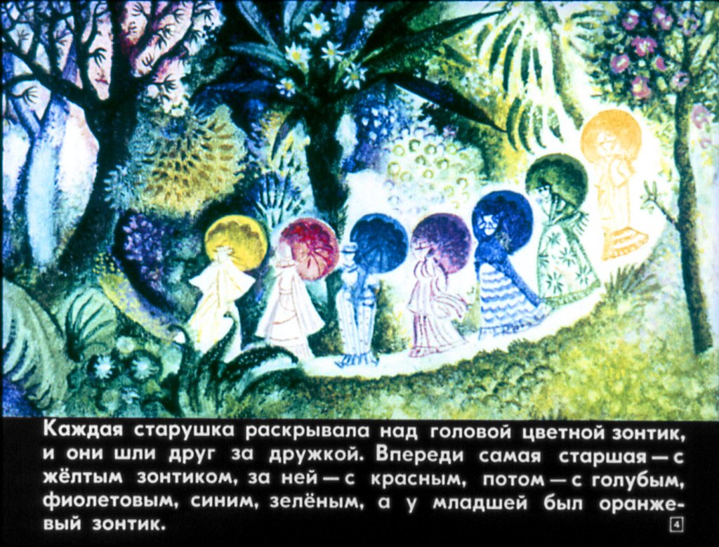 Кадр 4 диафильма «Старушки с зонтиками»