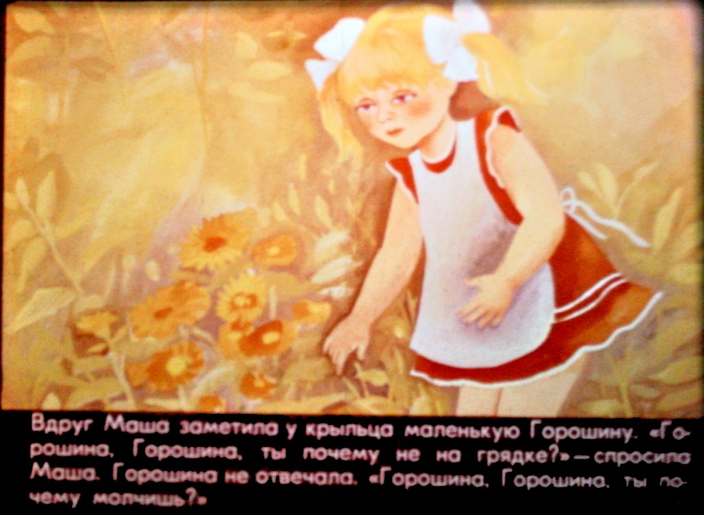 Кадр 5 диафильма «Про Машеньку, горошину и рыжего петуха»